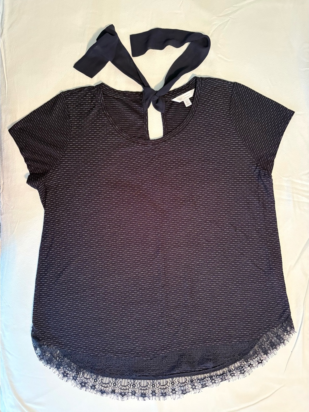 LC Lauren Conrad Navy Tie-Back Lace-Hem Short Sleeve Top
